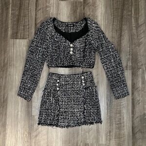 Do + Be Chic Black and White Tweed Pearl Embellished Long Sleeve Skirt Set - S